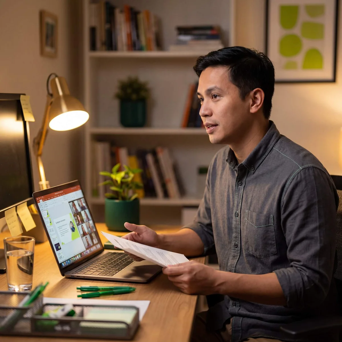Man in grey shirt holding resume document while on video call with candidate grid on laptop at night