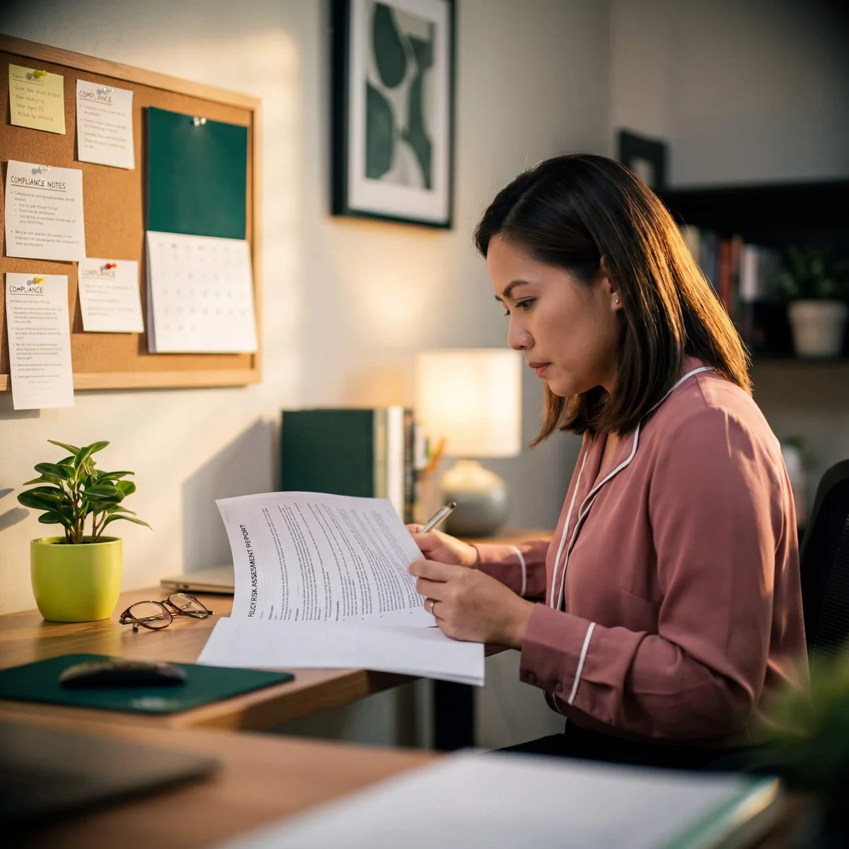 Woman in rose blouse reviewing policy risk assessment report beside compliance corkboard at lit desk
