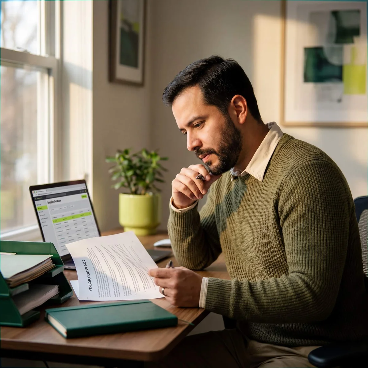 Man in olive sweater reviewing vendor contract document beside laptop with supplier database open