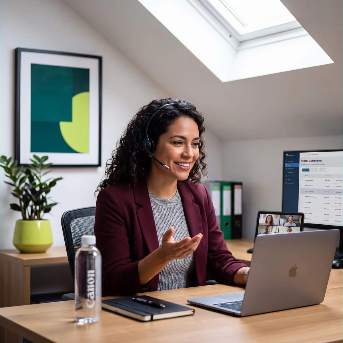 Smiling woman with headset on video call beside vendor management platform on monitor with binder files behind