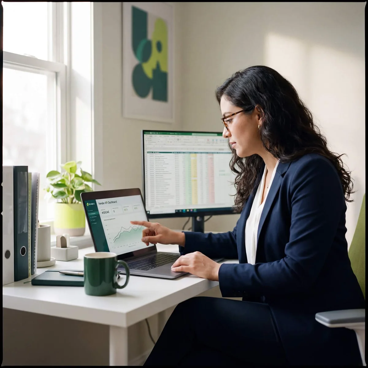 Woman in navy blazer pointing at vendor KPI dashboard on laptop with spreadsheet on monitor behind
