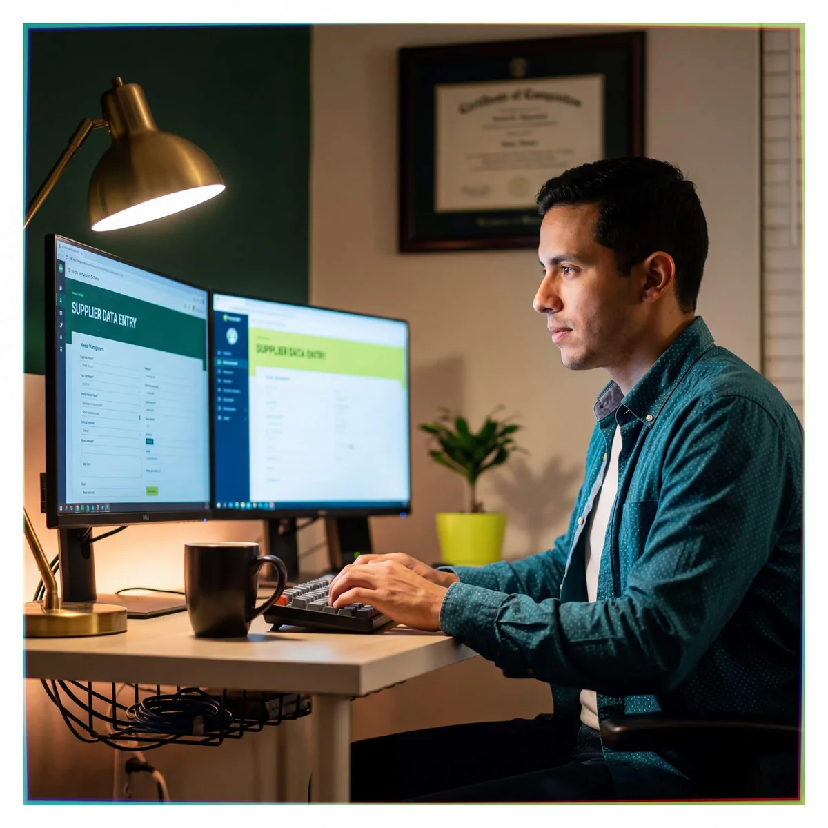Man in teal shirt entering supplier data on dual monitors showing supplier data entry forms at night