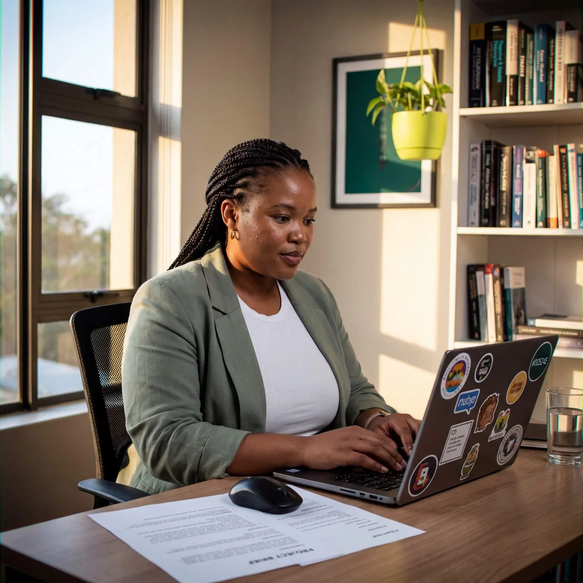 Woman in sage blazer with braids typing on sticker-covered laptop with project brief document on desk