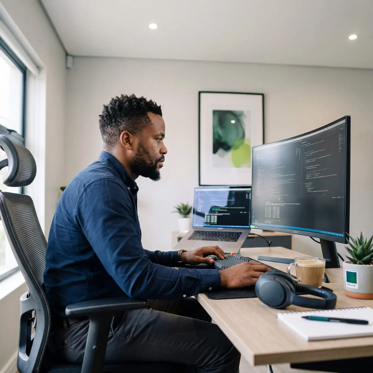 Man in navy shirt coding on keyboard with dark code editor on large curved monitor beside headphones
