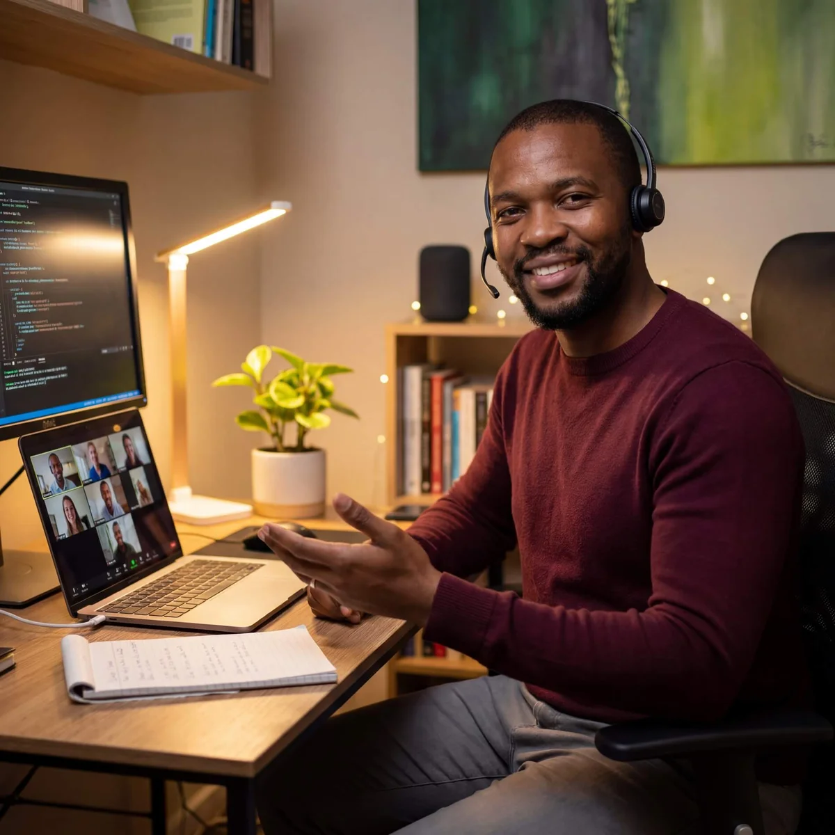 Smiling man in burgundy sweater with headset on video call beside code editor monitor in warm-lit home office