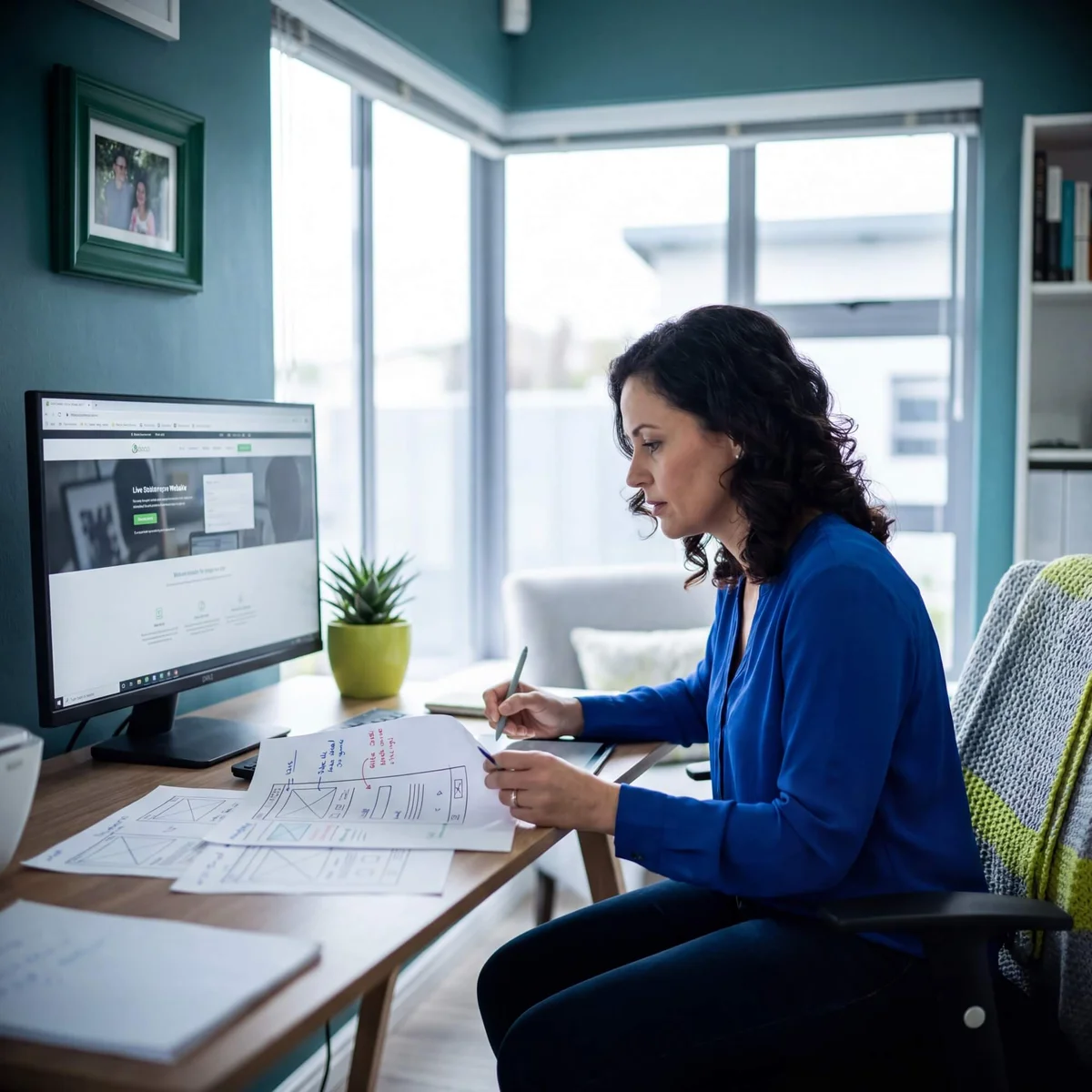 Woman in blue blouse reviewing website wireframe sketches beside live website preview on monitor