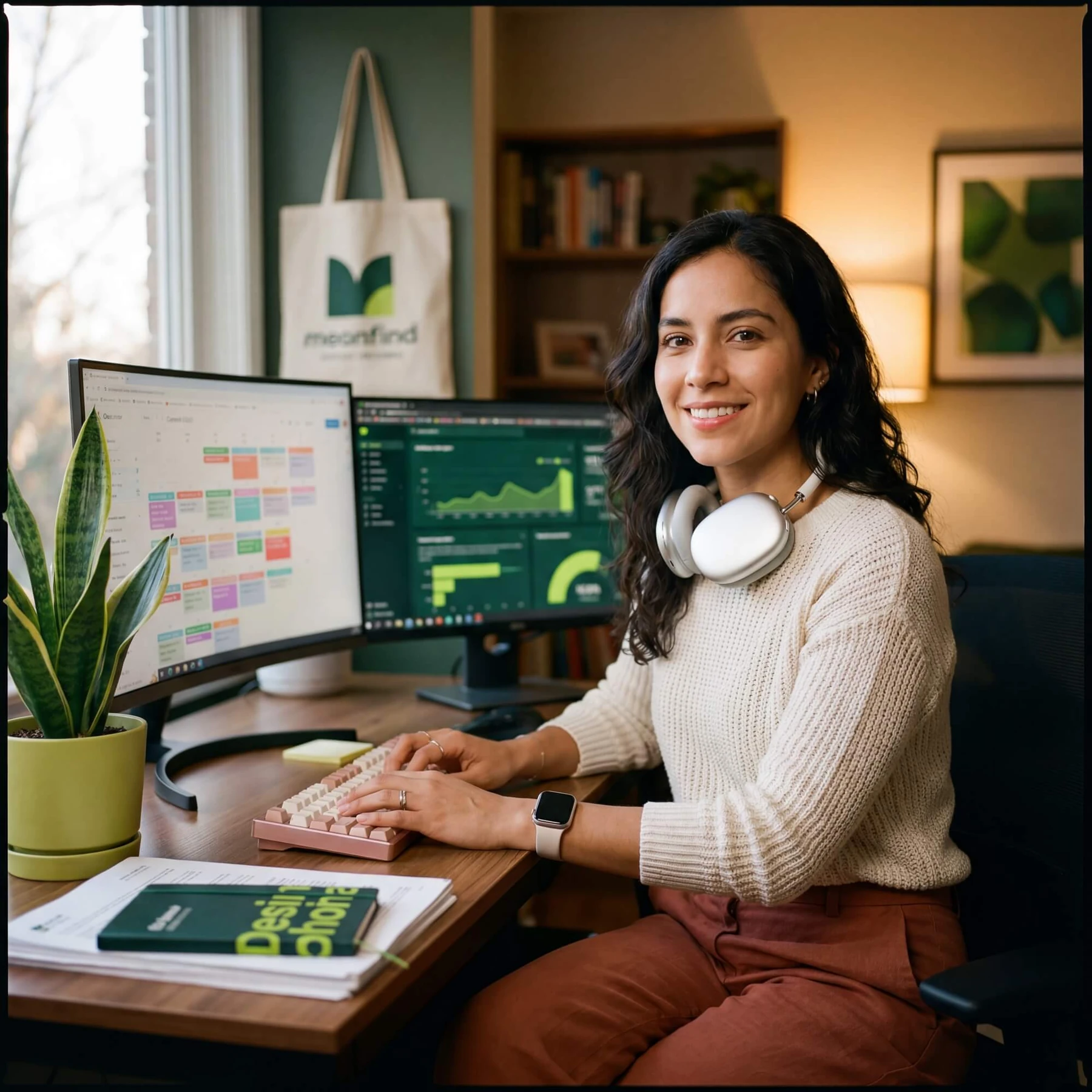 Smiling woman with white headphones at curved monitor showing colorful marketing calendar and analytics