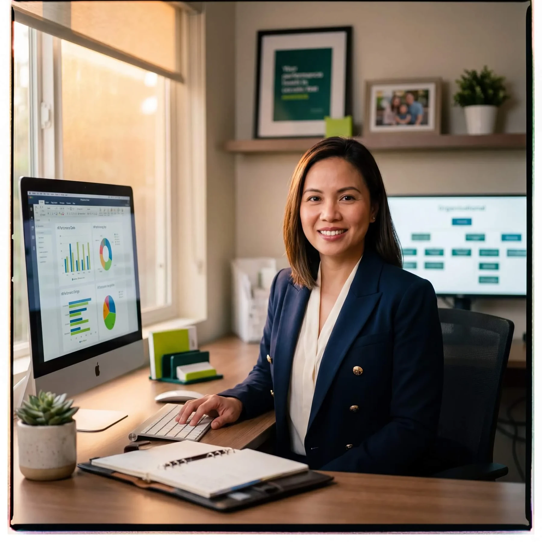 Smiling woman in navy blazer at desk with HR analytics charts on iMac monitor