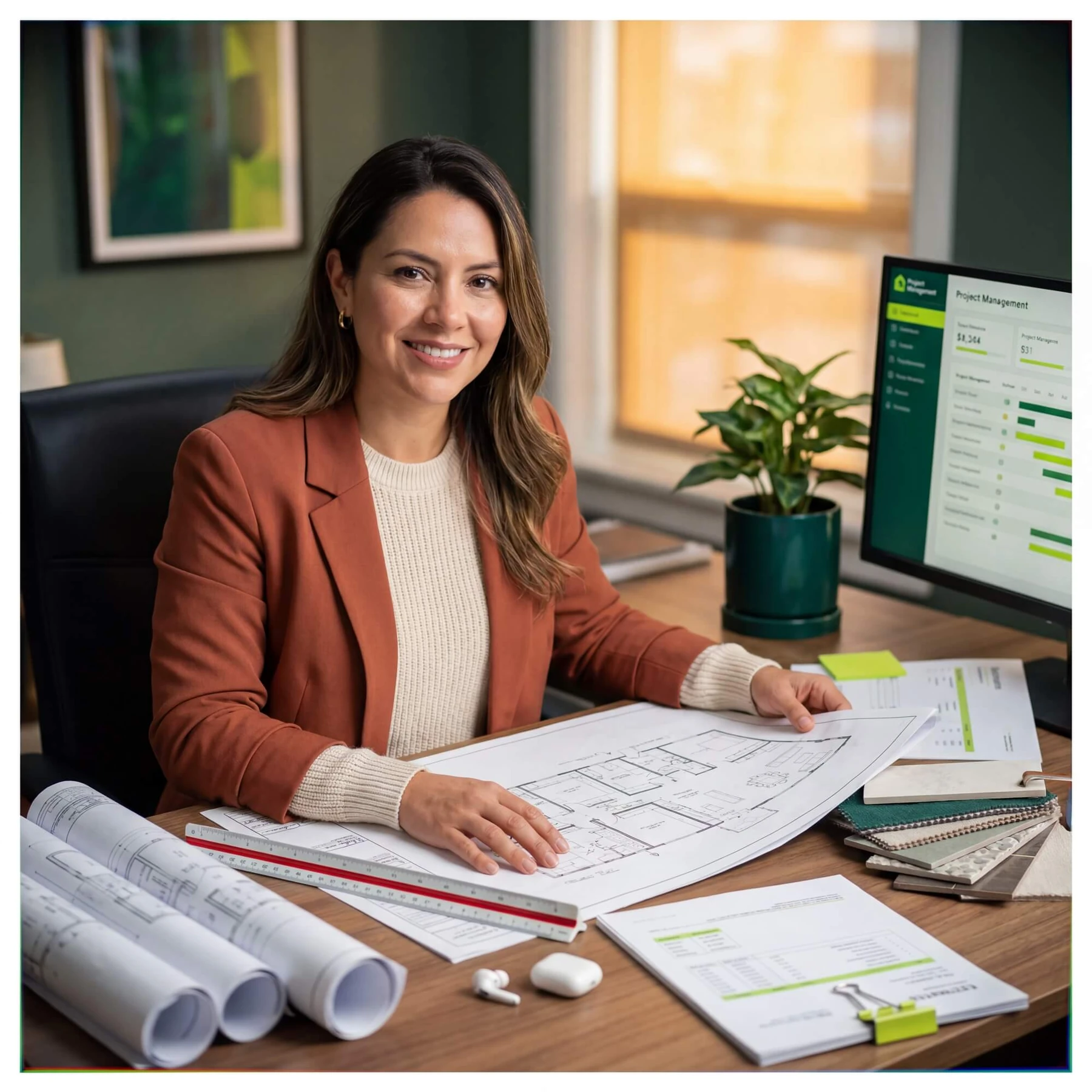 Smiling woman in rust blazer with architectural blueprints and project management dashboard