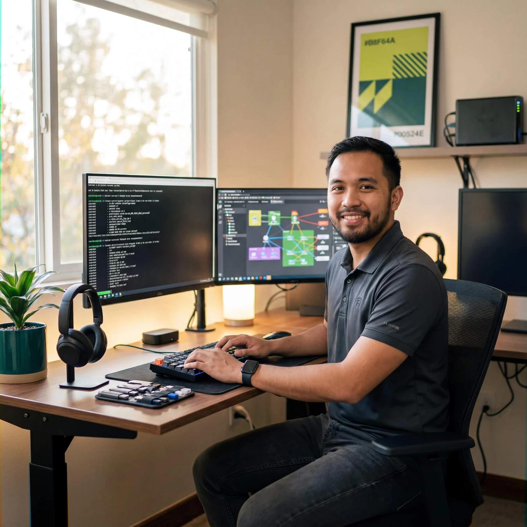 Smiling man at triple-monitor desk with green code terminal and network diagram on screens