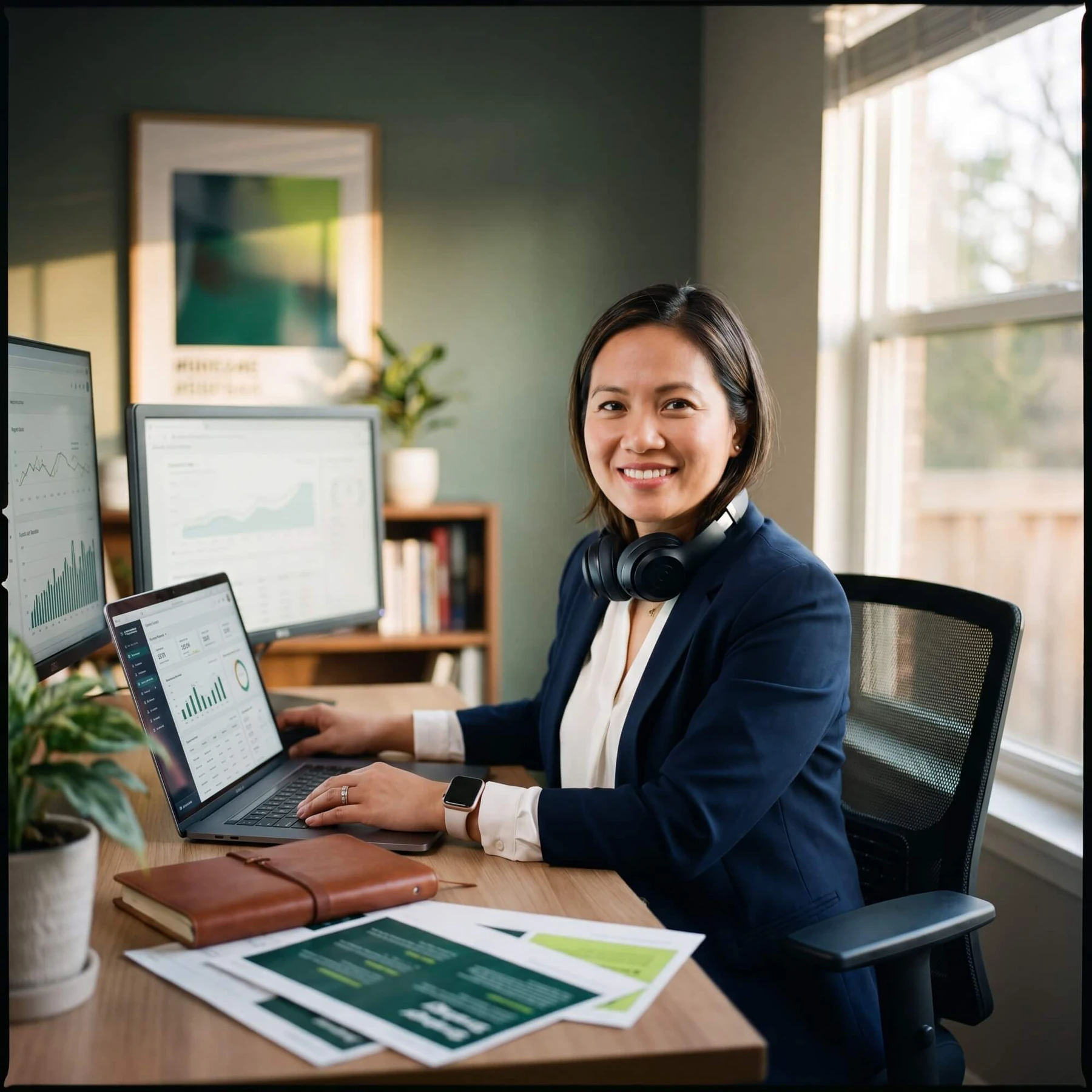 Smiling woman in navy blazer with headphones at dual-monitor desk showing operations analytics charts