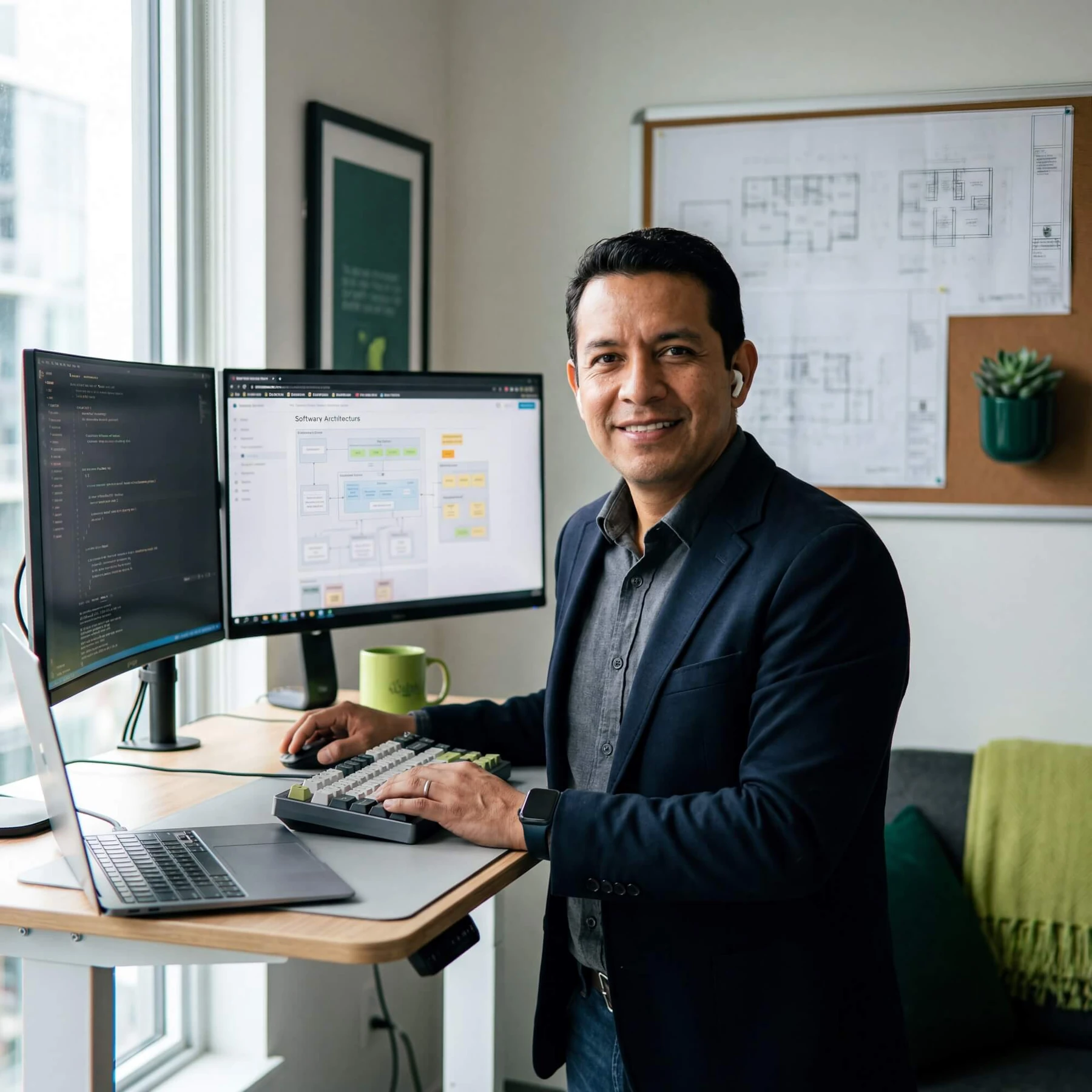 Smiling man in dark blazer at standing desk with code editor and software architecture diagram on dual monitors