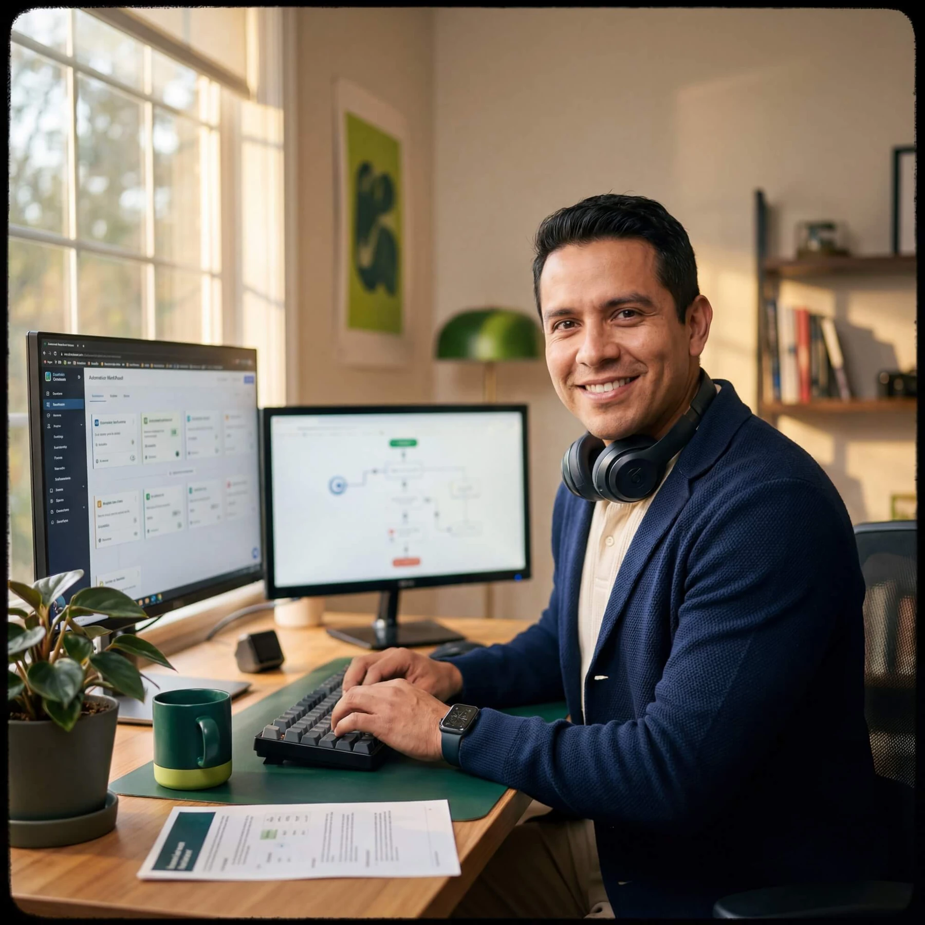 Smiling man with headphones at dual monitors showing automation workflow and node diagram
