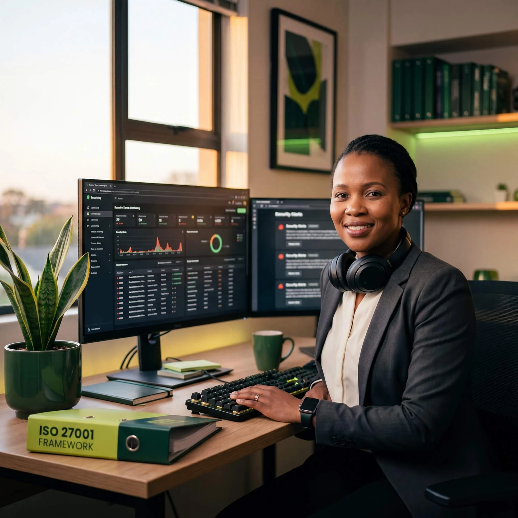 Smiling woman with headphones at dual monitors showing security threat dashboard and ISO 27001 binder on desk