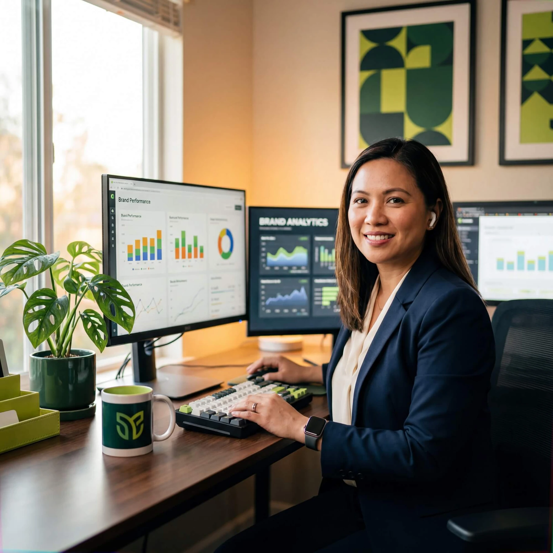 Smiling woman in navy blazer at desk with brand performance and brand analytics dashboards on triple monitors