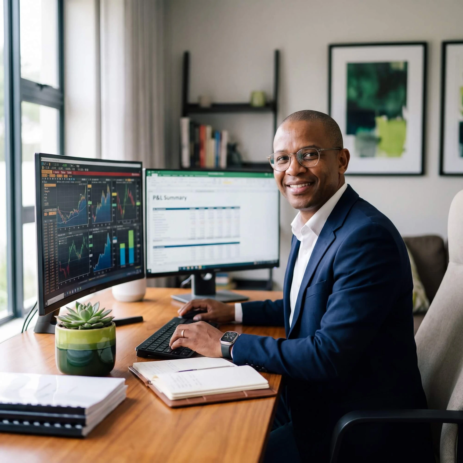 Smiling man in navy suit at desk with financial trading charts and P&L summary spreadsheet on dual monitors