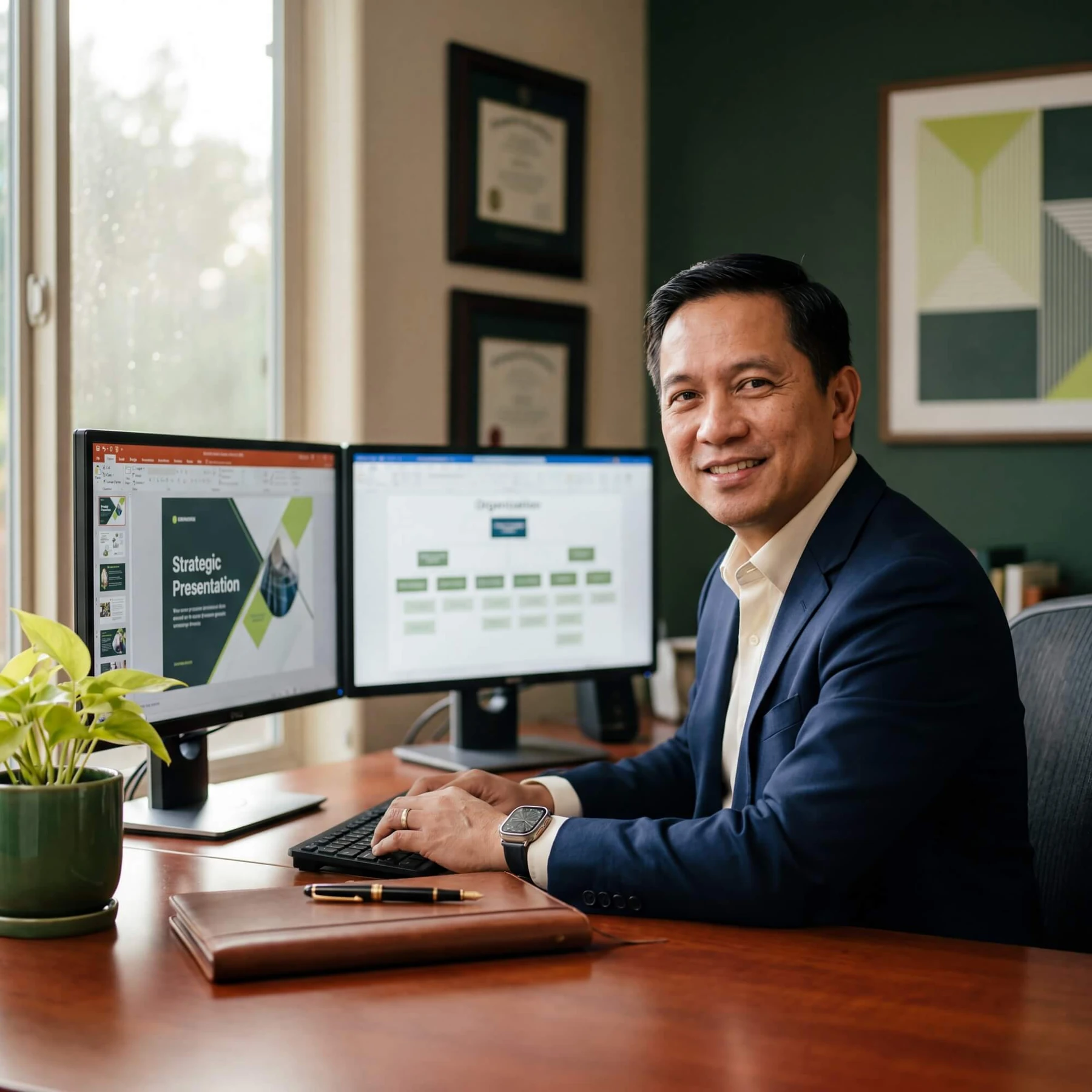 Smiling man in navy suit at mahogany desk with strategic presentation and org chart on dual monitors