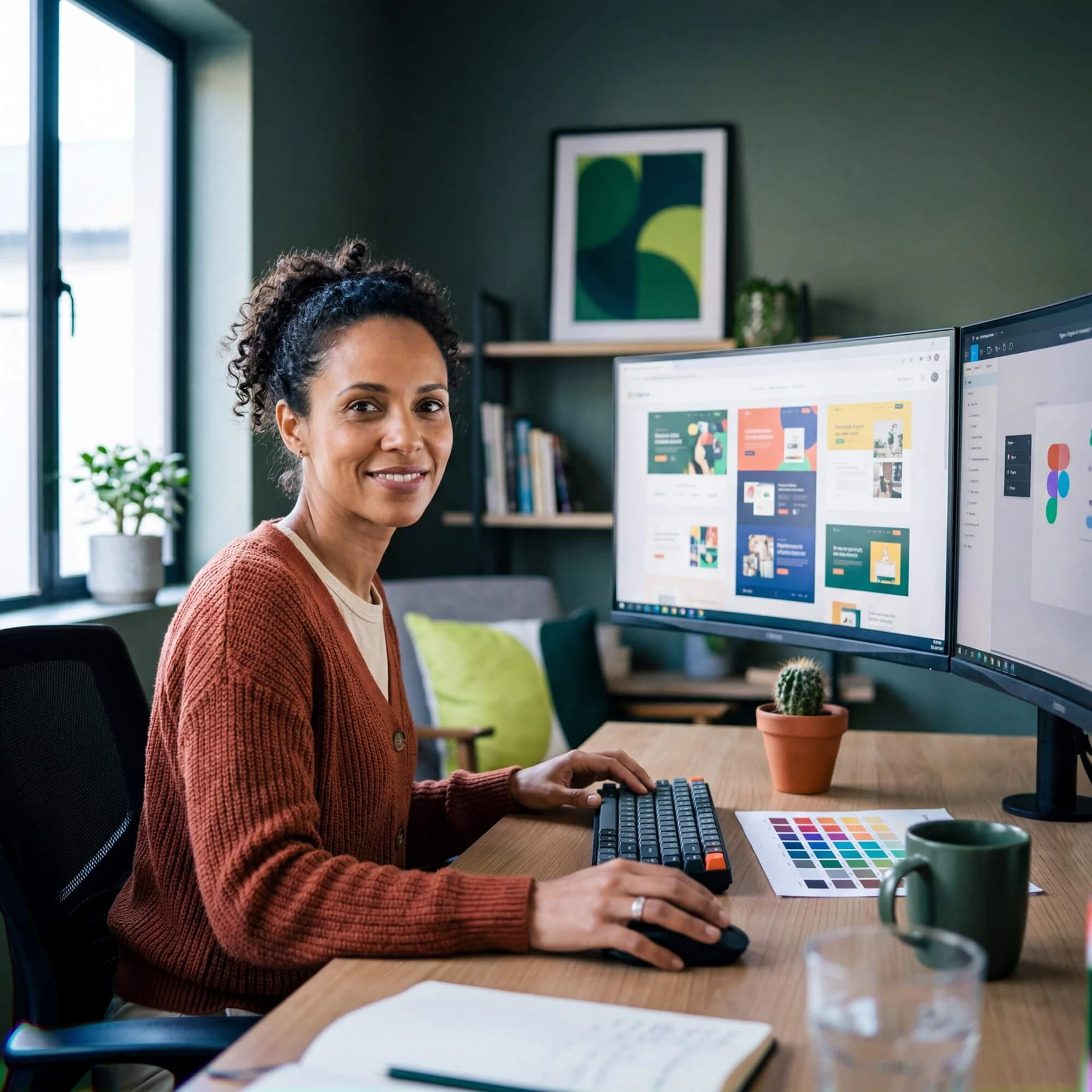 Smiling woman in rust cardigan at desk with colorful website UI designs on dual curved monitors and color swatches