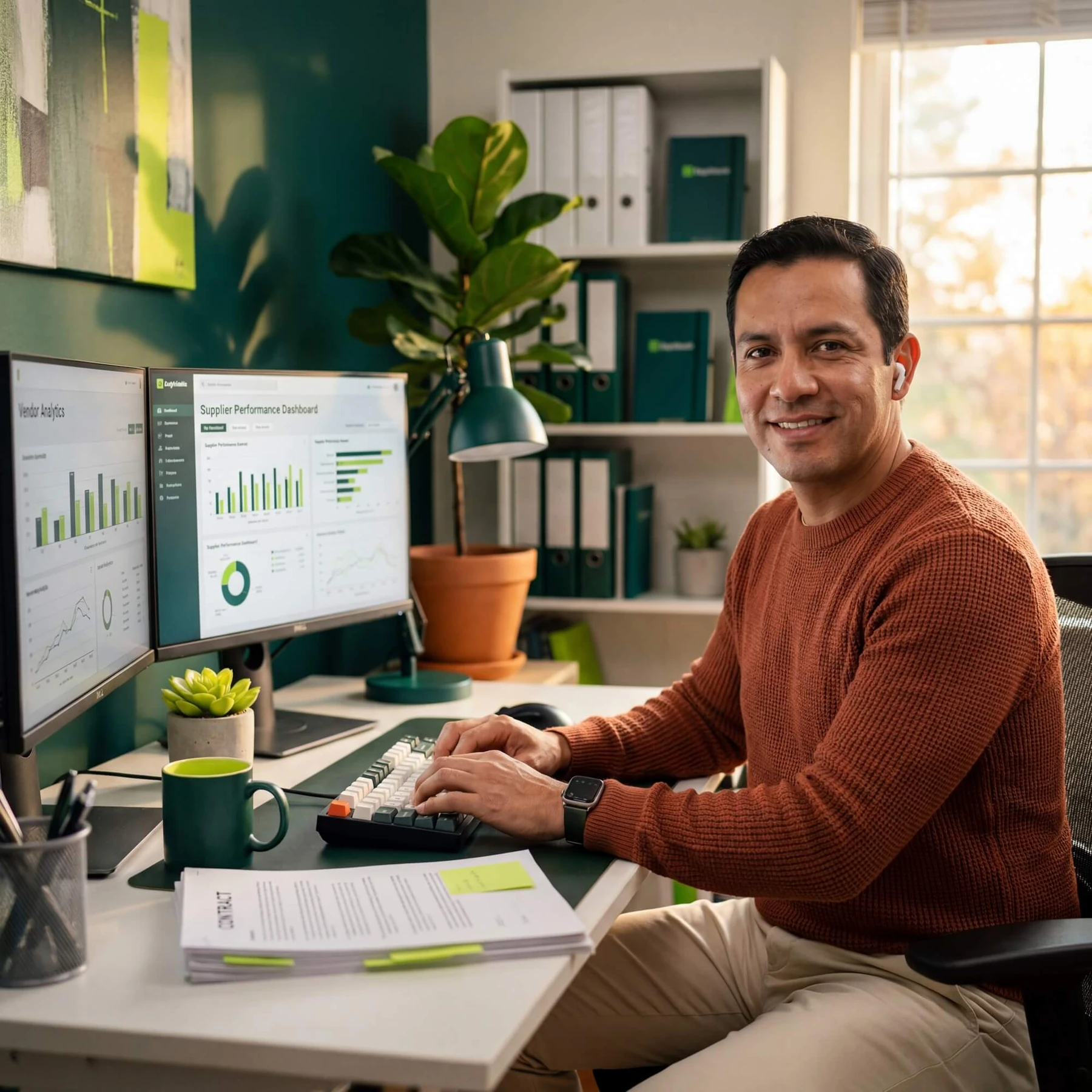 Smiling man in rust sweater at desk with supplier performance dashboard and vendor analytics on dual monitors