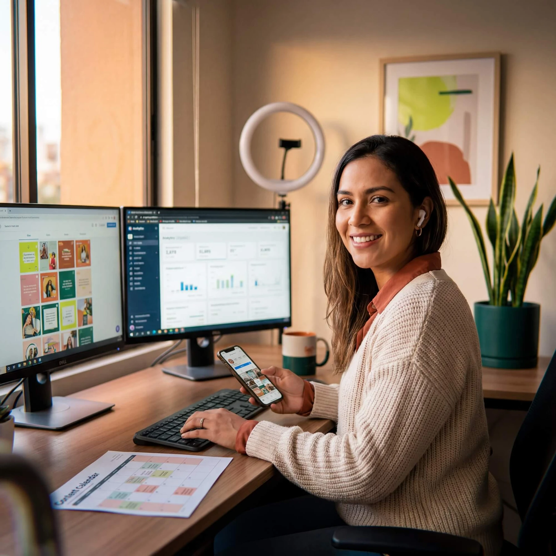 Smiling woman with AirPod holding phone at desk with social media content grid and analytics on dual monitors