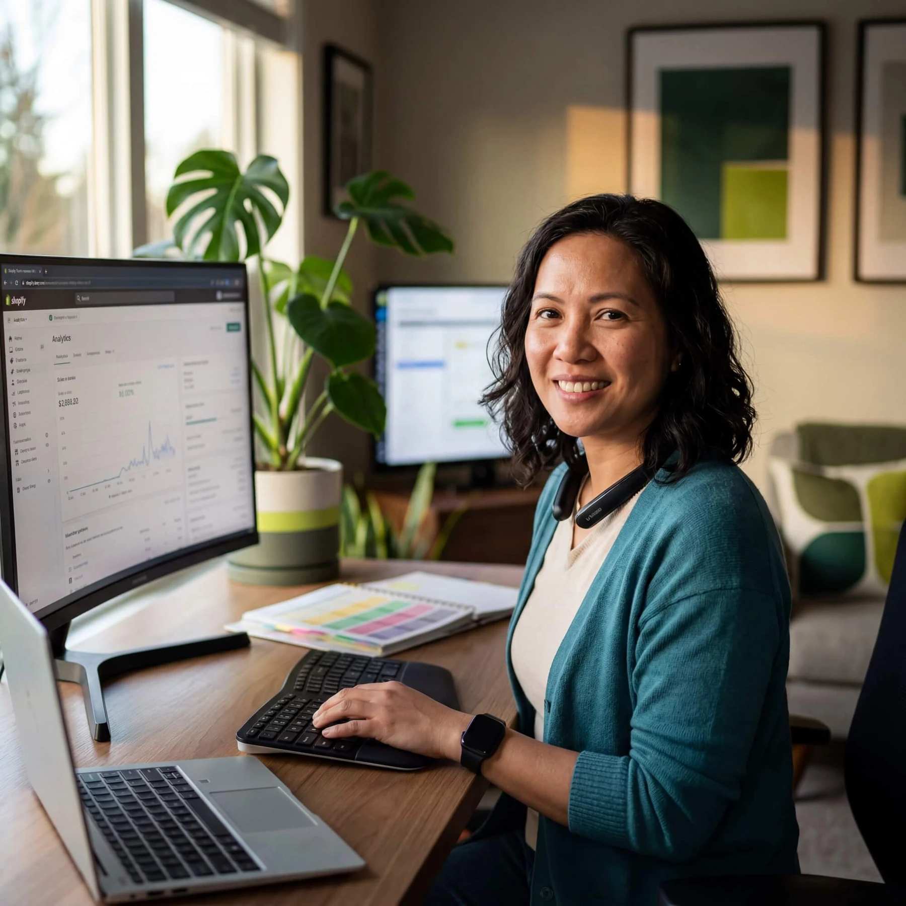 Smiling woman in teal cardigan at desk with Shopify analytics dashboard on curved monitor and color-coded notebook