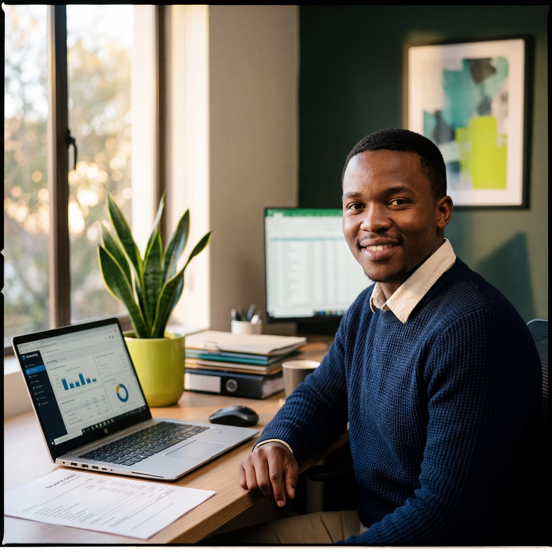 Smiling man in a navy sweater at a desk with a financial dashboard on a laptop and Excel spreadsheet on monitor