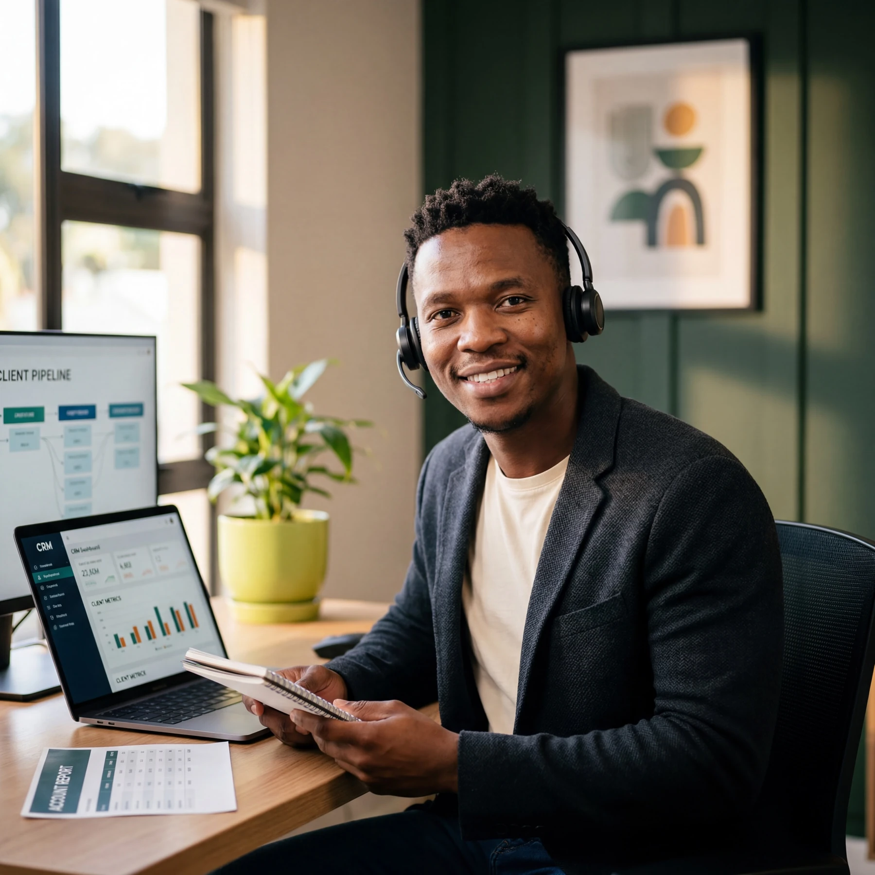 Smiling man wearing a headset seated at a desk with a client pipeline dashboard and CRM charts on screen