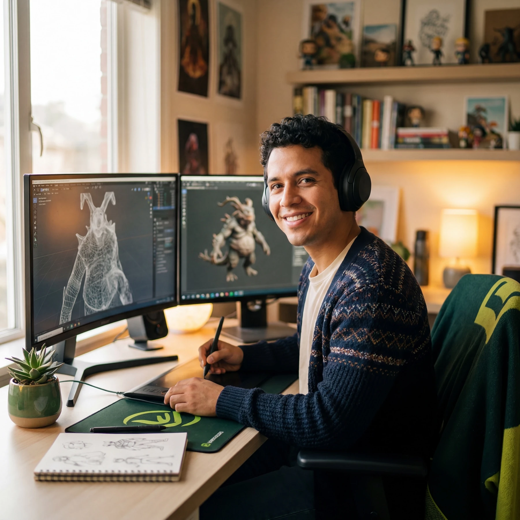 Smiling man with headphones holding a stylus at a dual-monitor desk showing wireframe and rendered 3D creature models