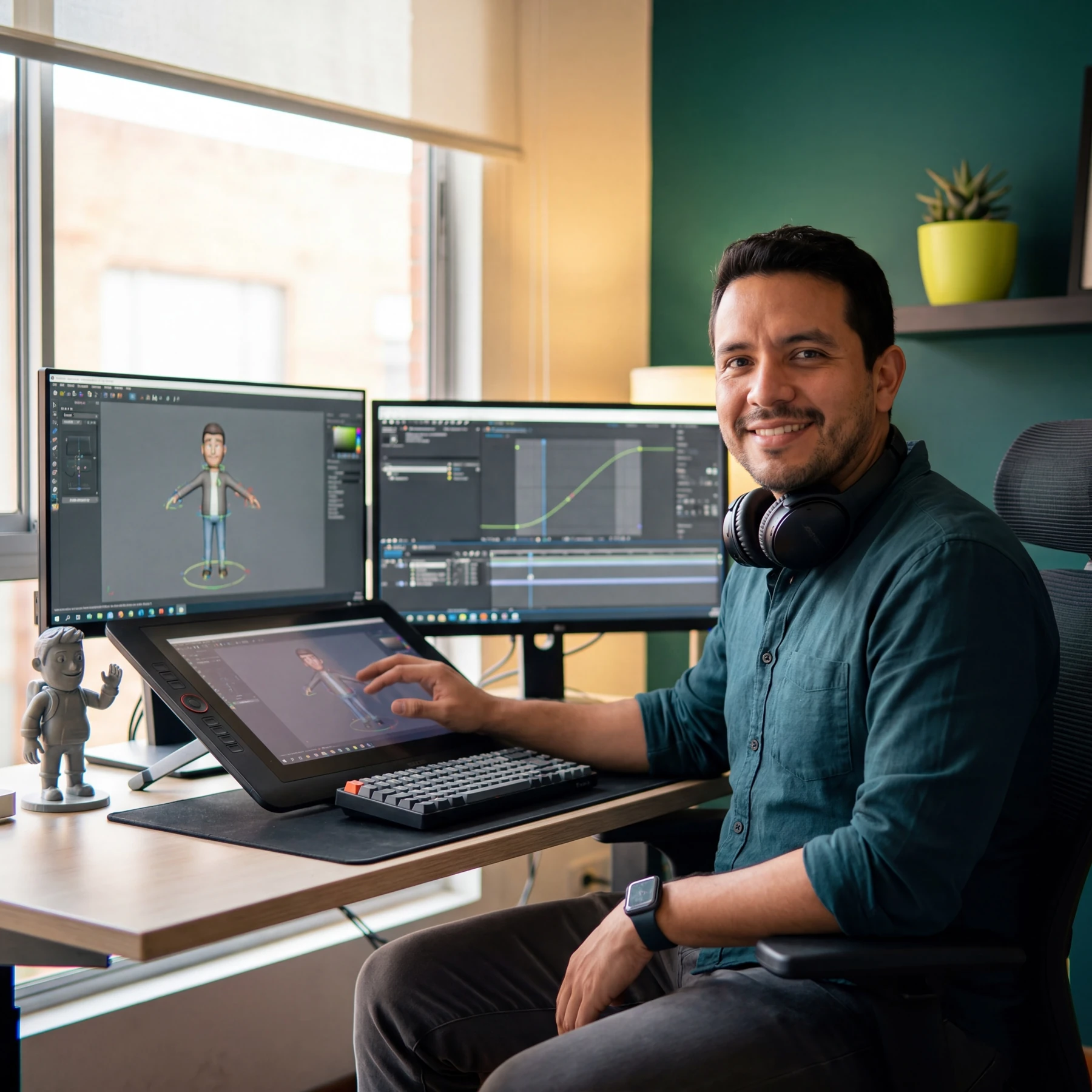Smiling man with headphones around neck working on dual monitors displaying a 3D cartoon character rig