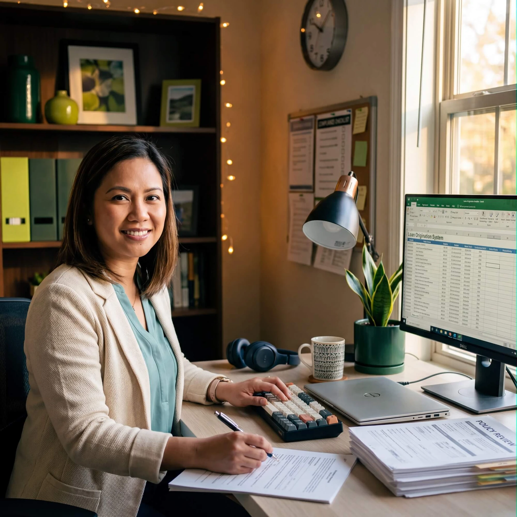 Smiling woman in cream blazer at desk with loan origination spreadsheet on monitor and policy documents