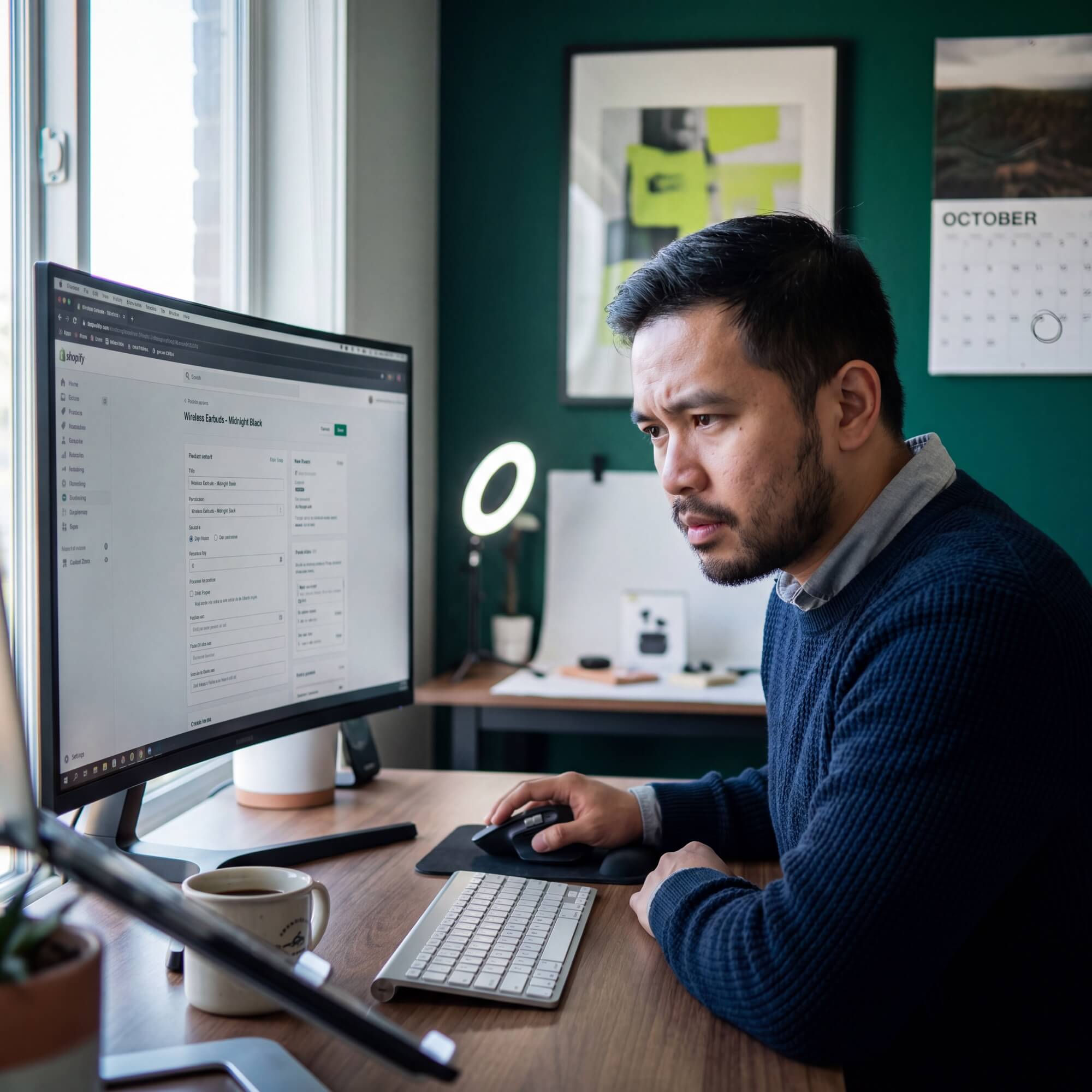 Man in navy sweater reviewing Shopify product listing for wireless earbuds on large curved monitor