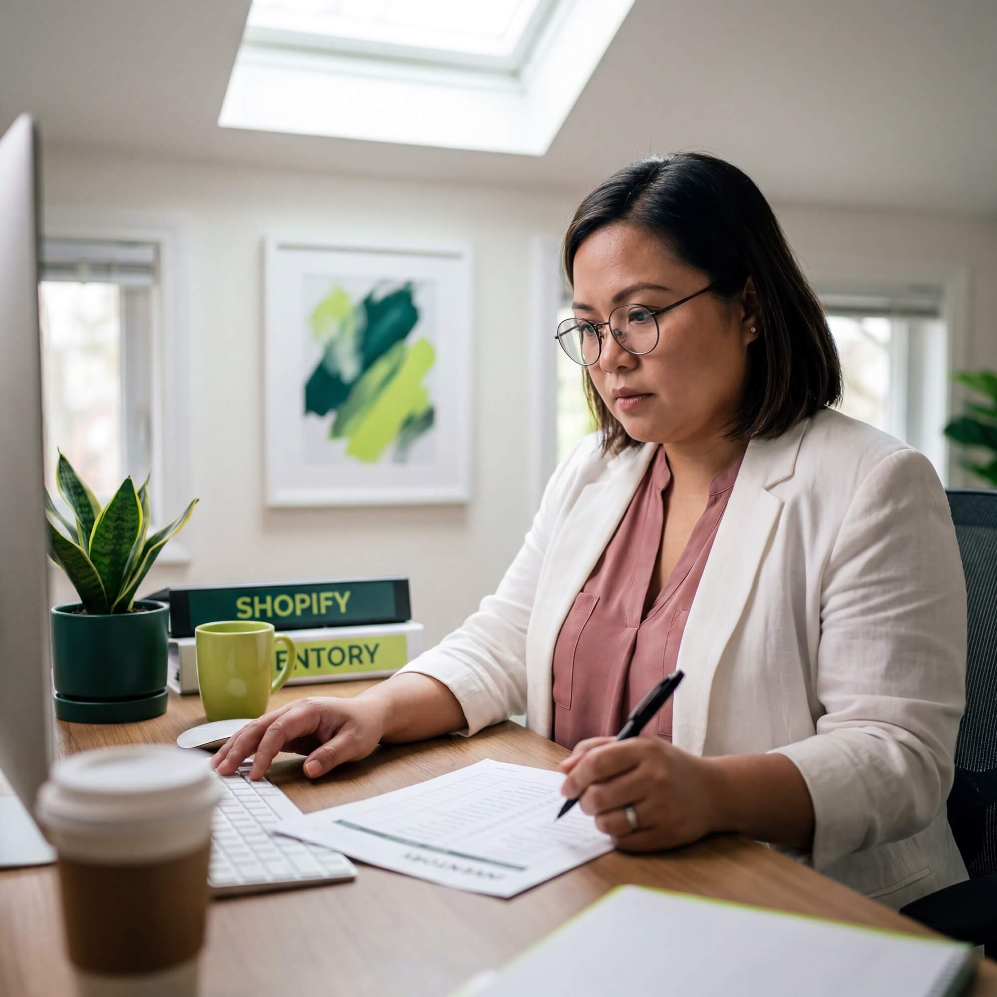 Woman with glasses in white blazer managing Shopify inventory beside green Shopify binder and coffee