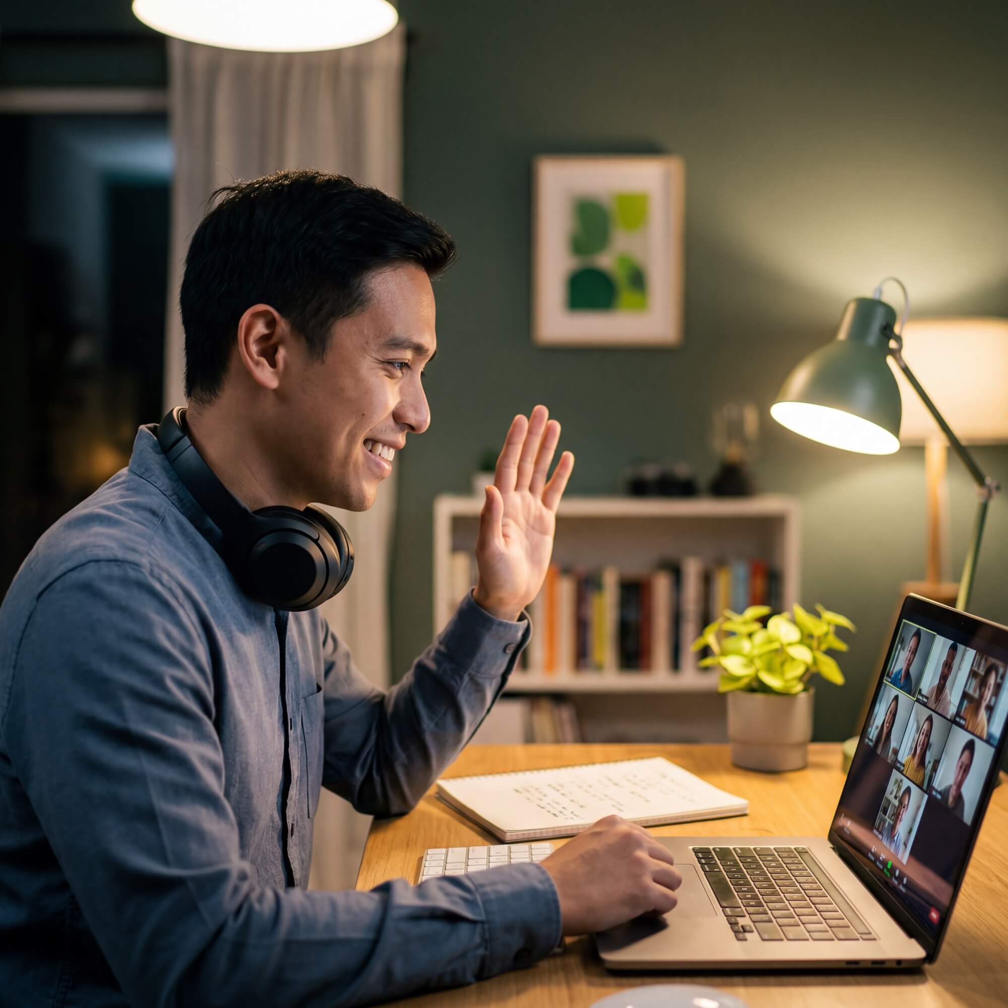 Smiling man with headphones around neck waving during video call with candidate grid on laptop at night
