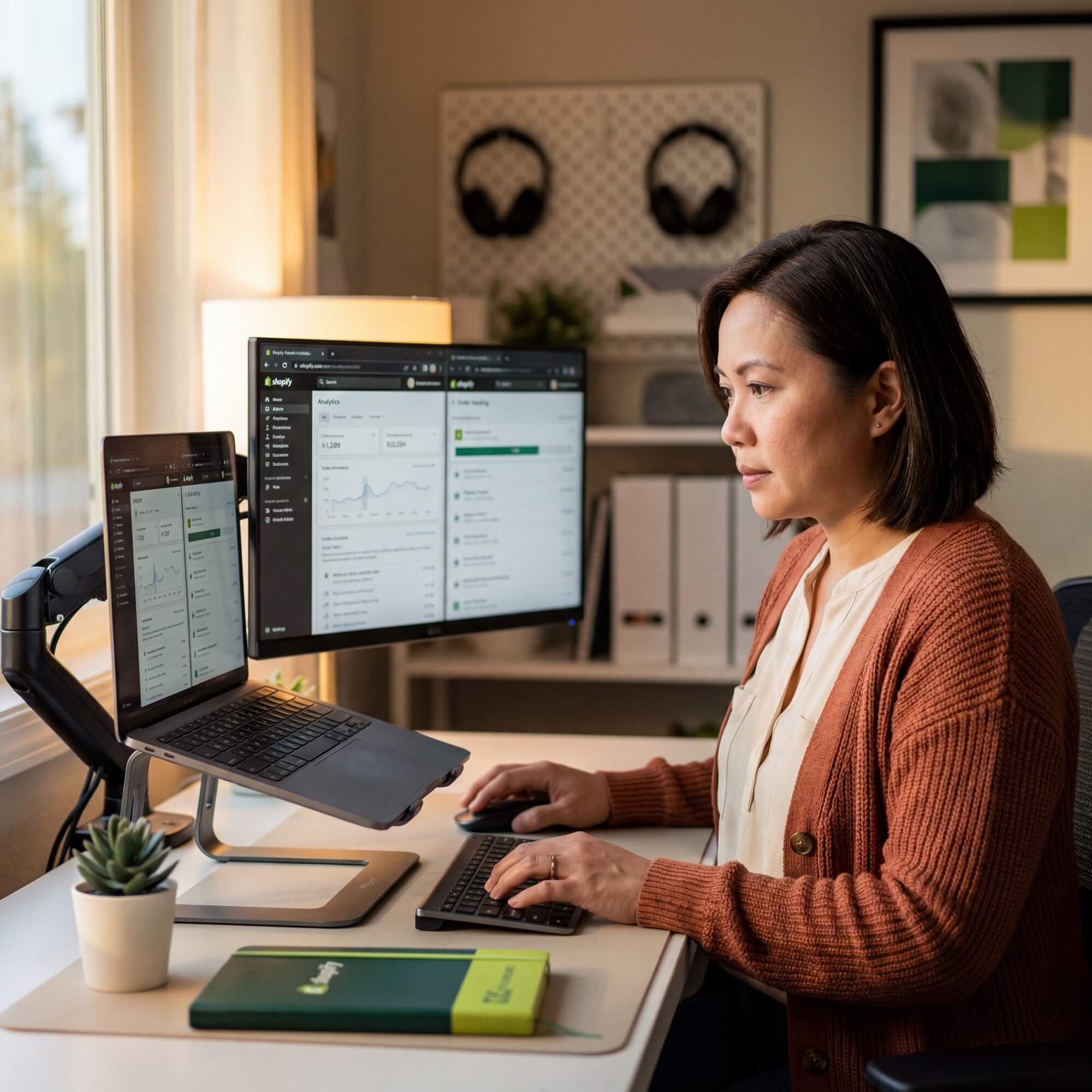 Woman in rust cardigan managing Shopify analytics and order tracking across dual monitor and laptop setup