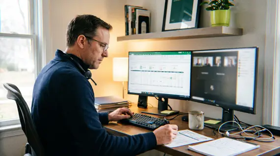 Offshore staff accountant working remotely from a home office, reviewing financial spreadsheets on dual monitors during a video call.