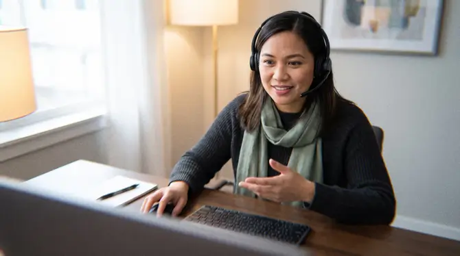Smiling woman wearing a headset during a video call at a home office desk, representing a vetted remote executive assistant at work