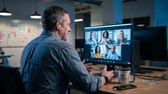Executive managing an offshore marketing team on a video call, illustrating remote international hiring and offshore staffing costs in a dimly lit office.