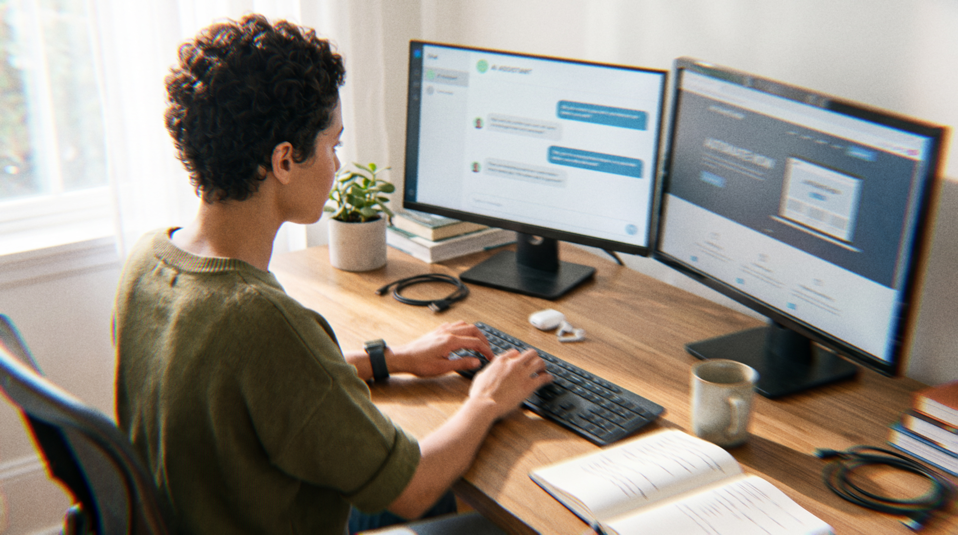 Offshore AI automation specialist working remotely in a home office, using an AI chatbot interface and website builder across dual monitors
