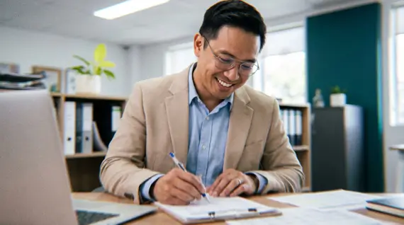 Smiling auditor reviewing CPA workpapers at his desk — offshore audit staffing solution for firms facing the CPA hiring crisis