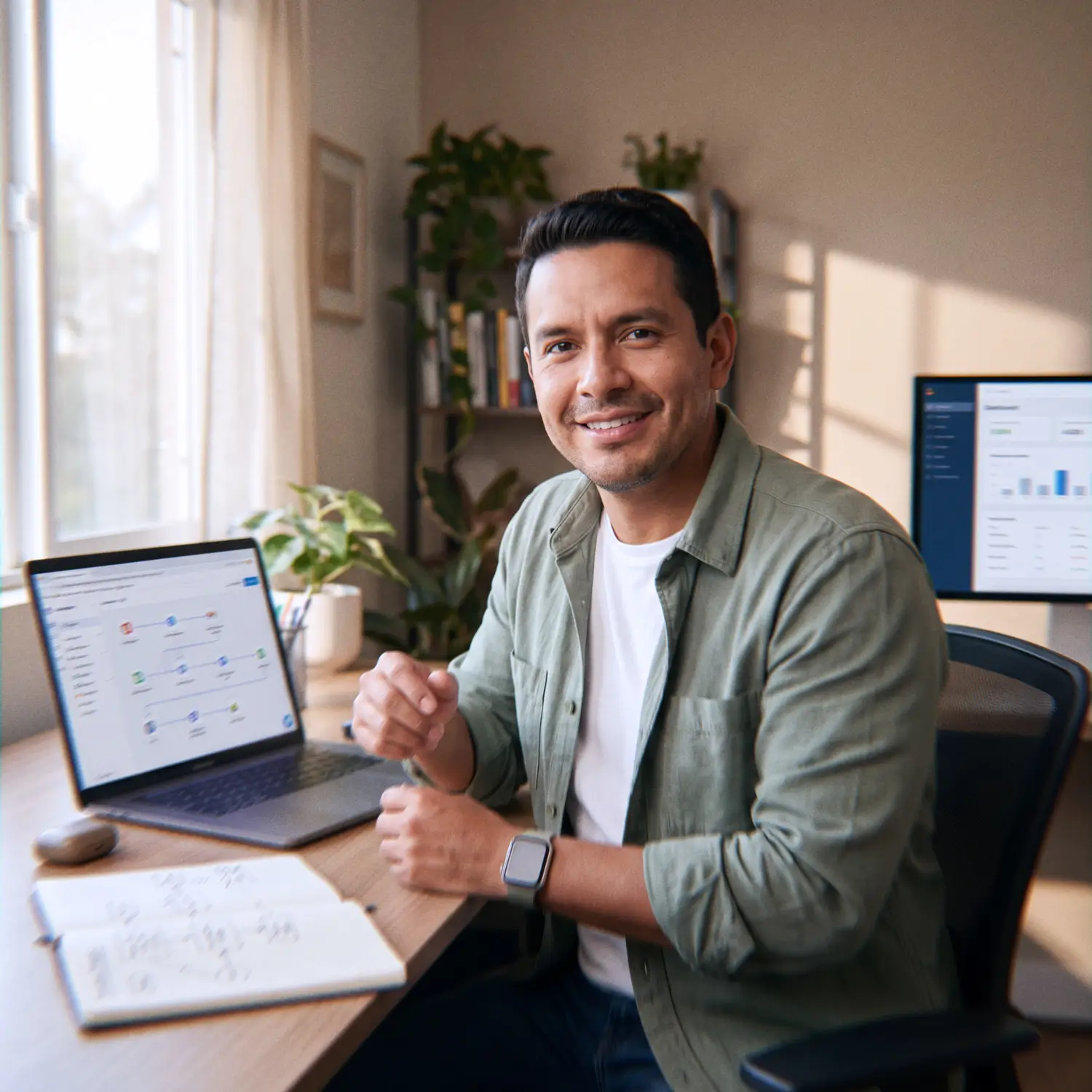Smiling AI Implementation Specialist at a home-office desk with a laptop showing an automation workflow diagram