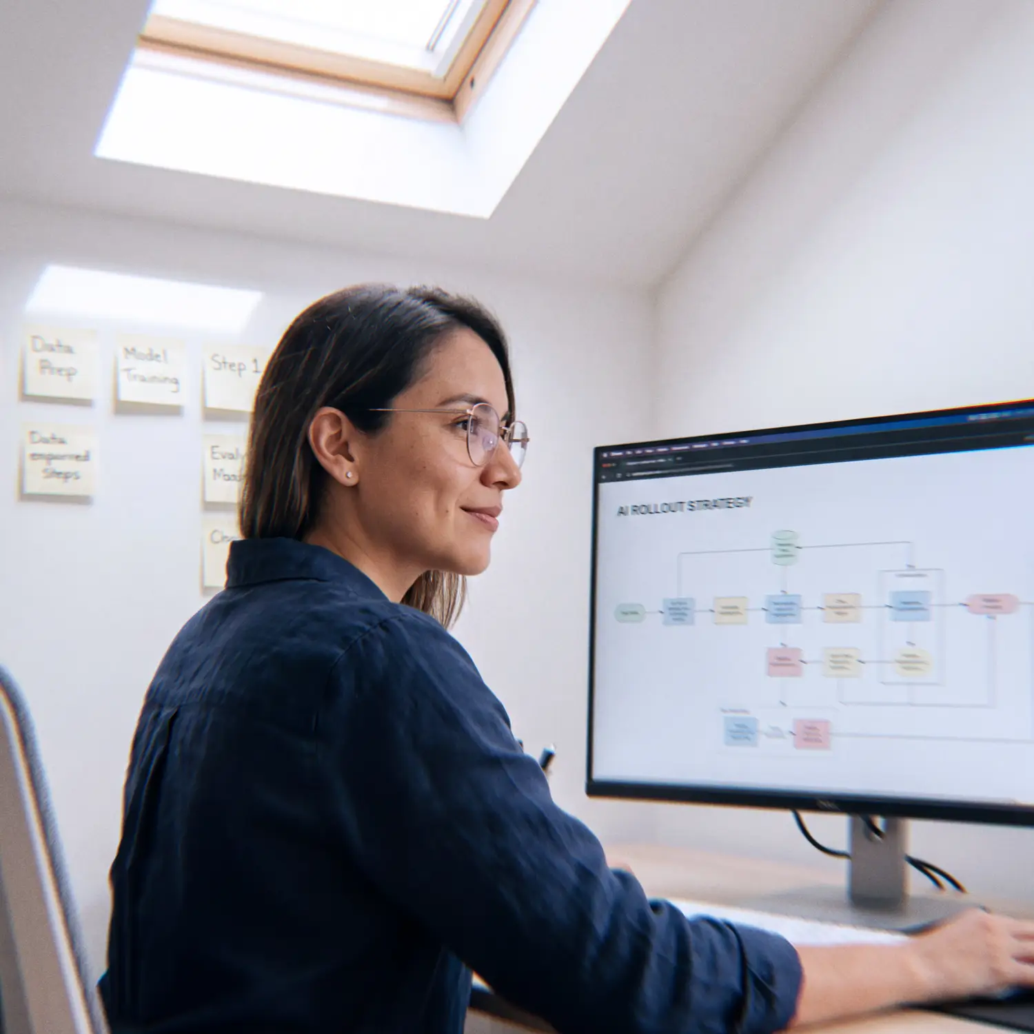 AI Implementation Specialist mapping an AI rollout plan on a wide monitor with workflow sticky notes on the wall