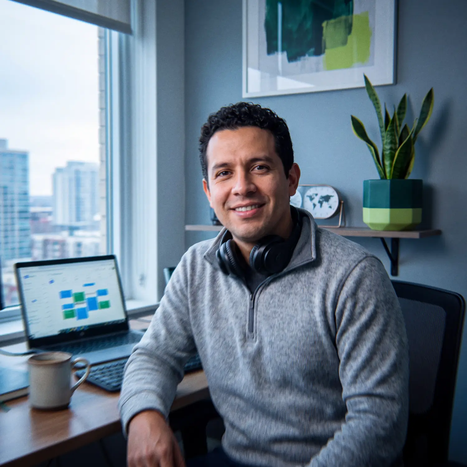 Colombian AI Implementation Specialist smiling between video standups with a calendar of U.S. meetings on his laptop