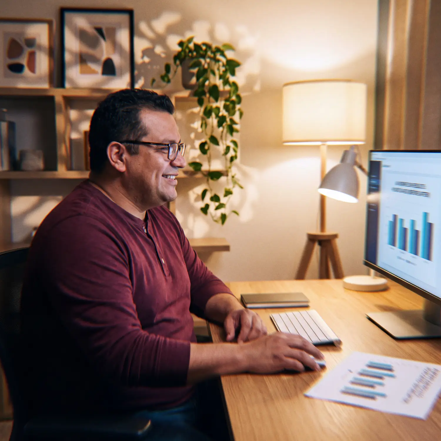 AI Implementation Specialist reviewing a dashboard of hours saved after an AI workflow launch in a lamp-lit office