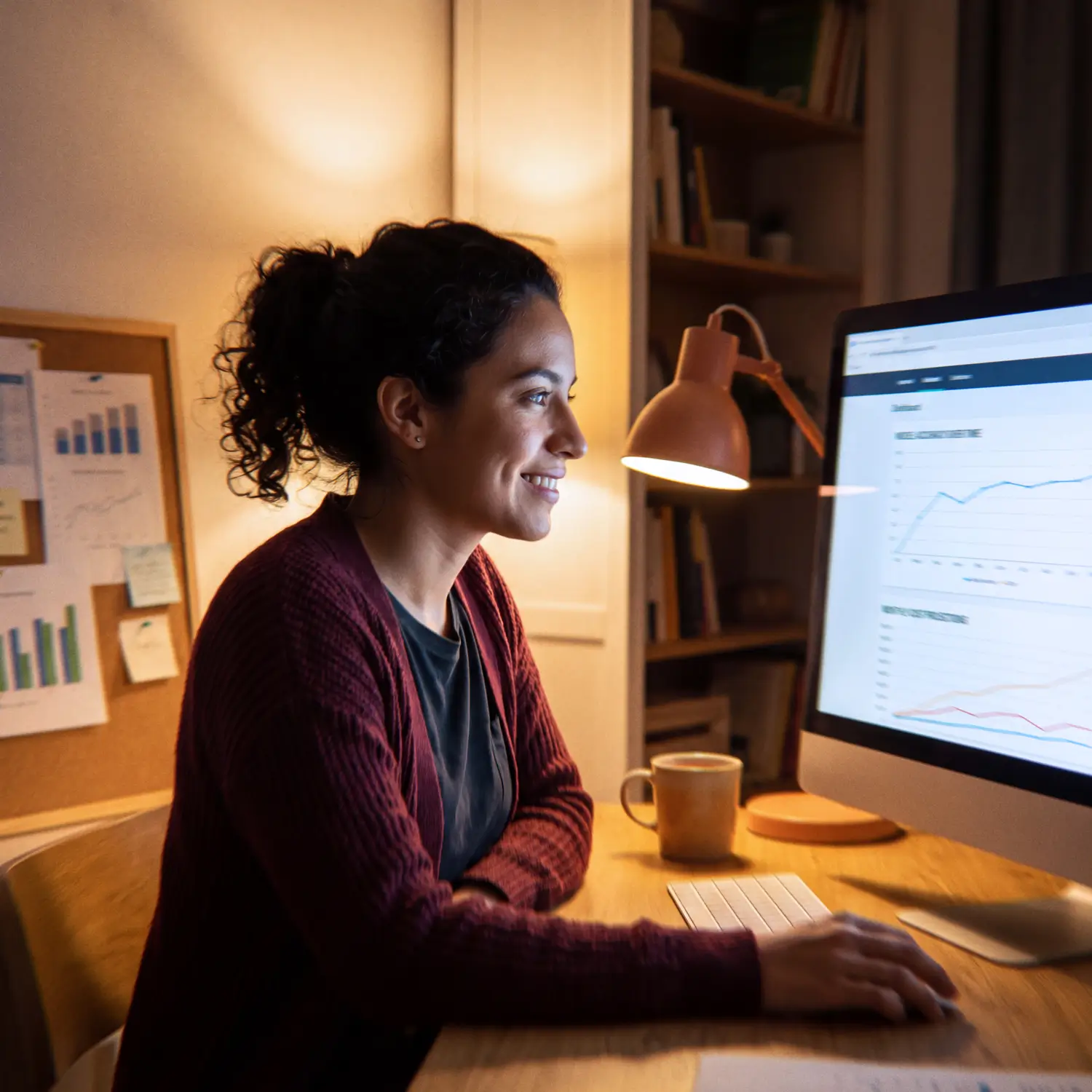 Machine learning engineer pointing to a model accuracy and cost dashboard in a lamp-lit home office
