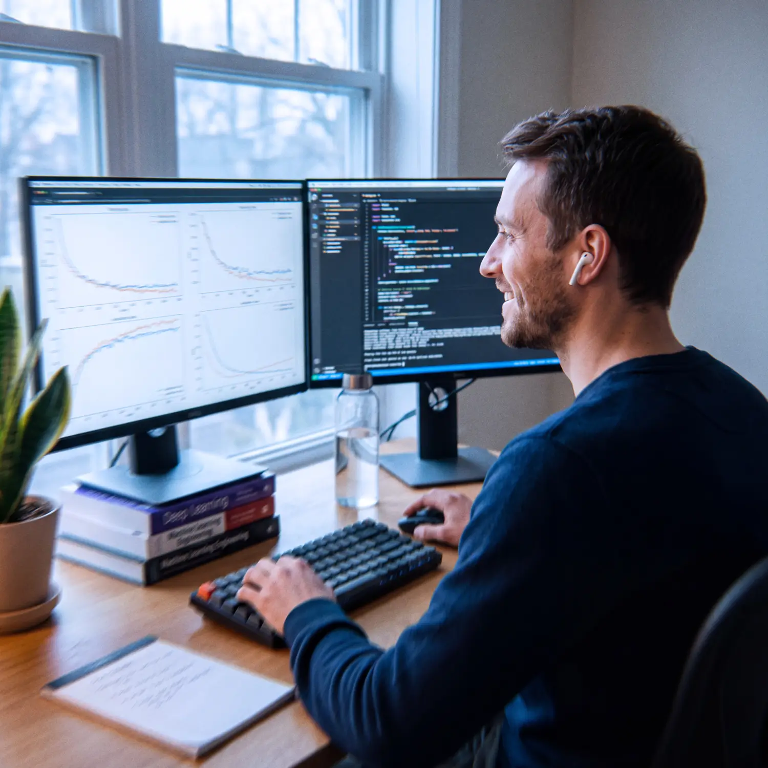 Machine learning engineer reviewing a model's training curves on dual monitors in cool morning light