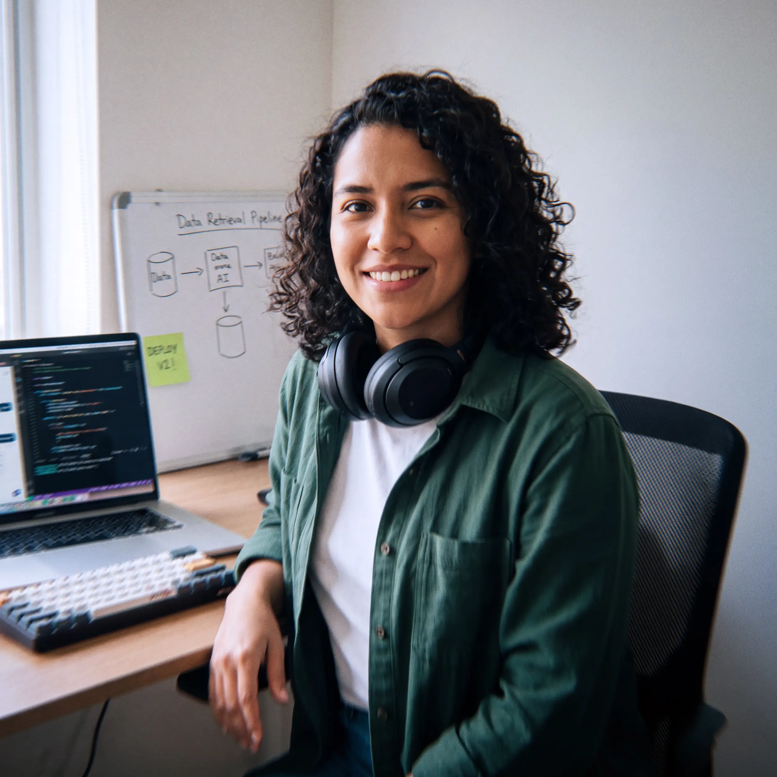 Colombian Generative AI Engineer smiling at her home-office desk beside a laptop showing a chat assistant and code editor