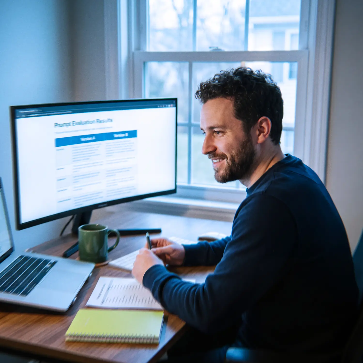Generative AI Engineer comparing prompt evaluation results on a wide monitor in cool morning light