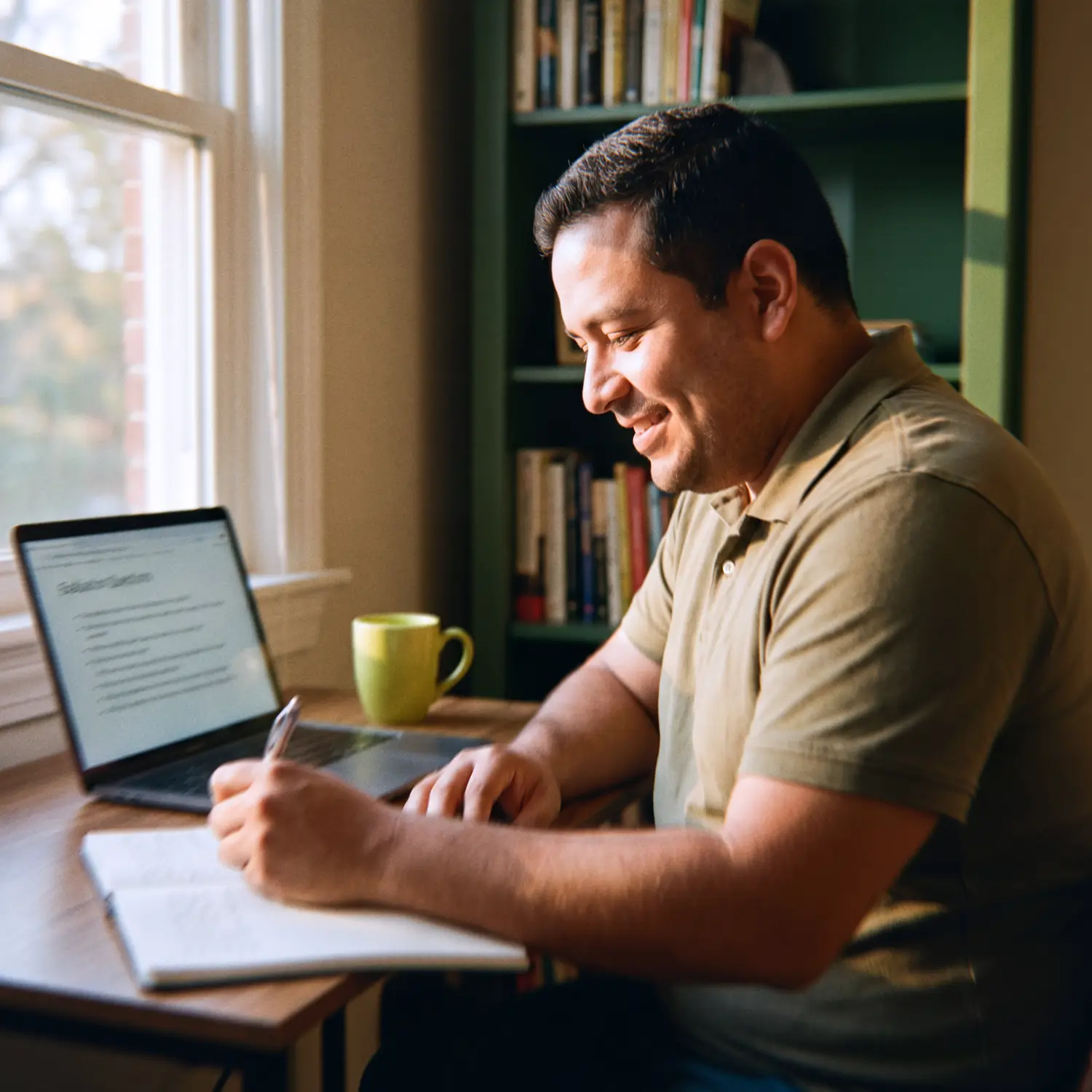 Generative AI Engineer writing a 90-day scope checklist in a notebook in golden afternoon light
