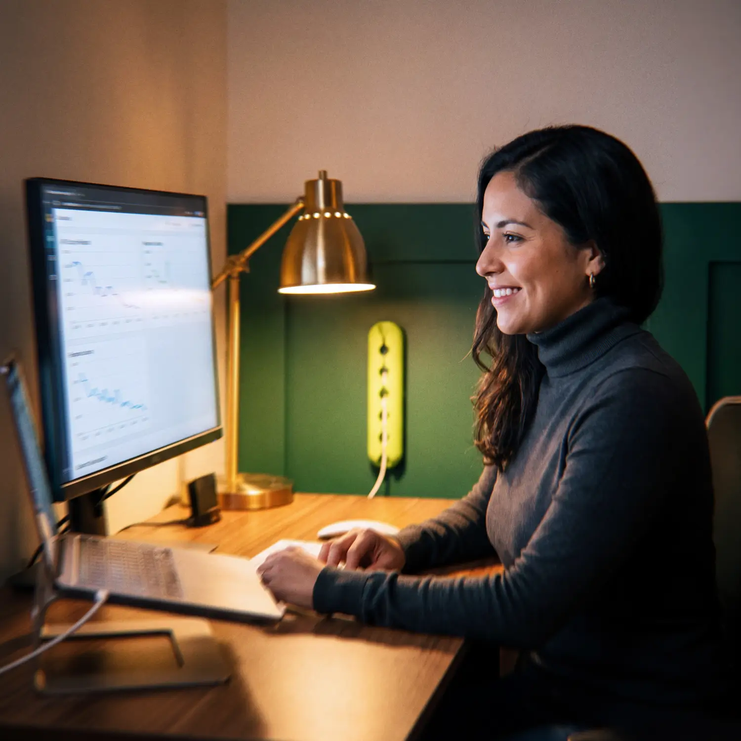 Generative AI Engineer pointing to a dashboard of API cost per request and response latency in a lamp-lit office