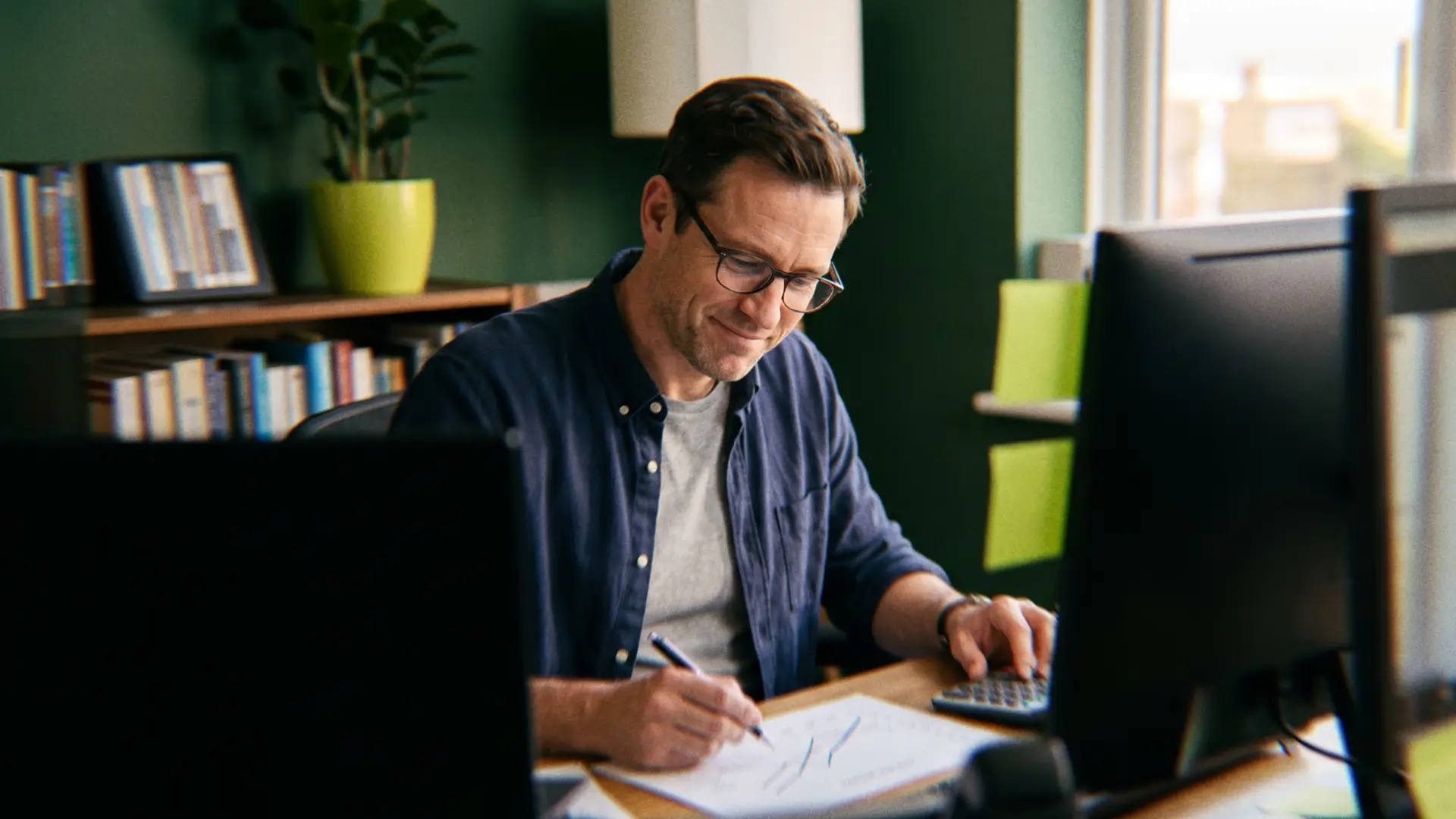 Business owner using a calculator to compare placement fee vs. subscription offshore hiring models at his desk